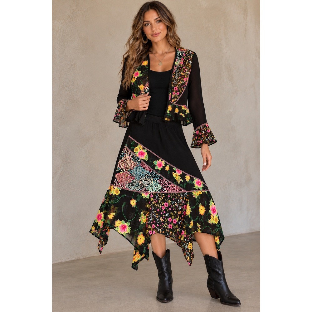 Tommy n Loulou Floral Butterfly Y2K Print Skirt & Top Set Black Handkerchief Hem